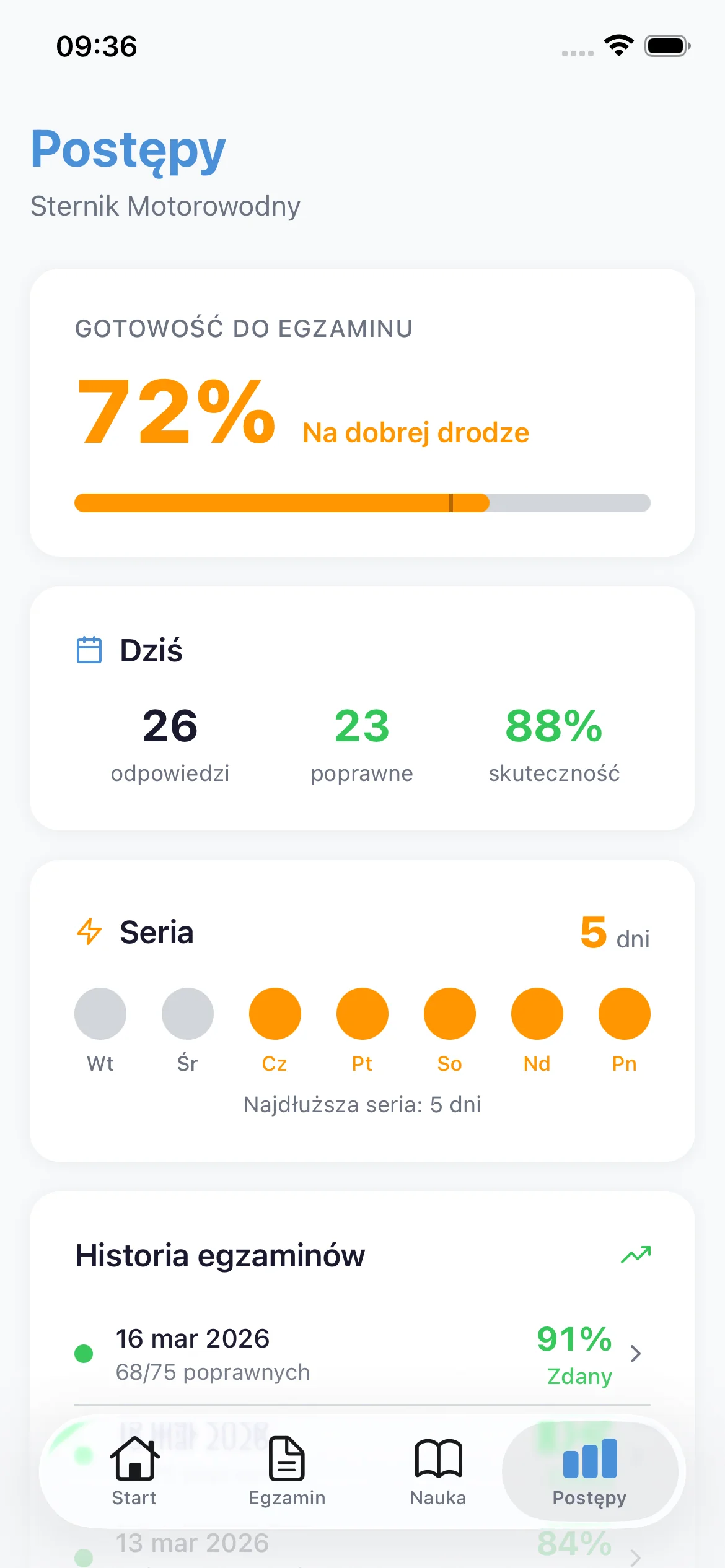 Widok historii z poprzednimi egzaminami